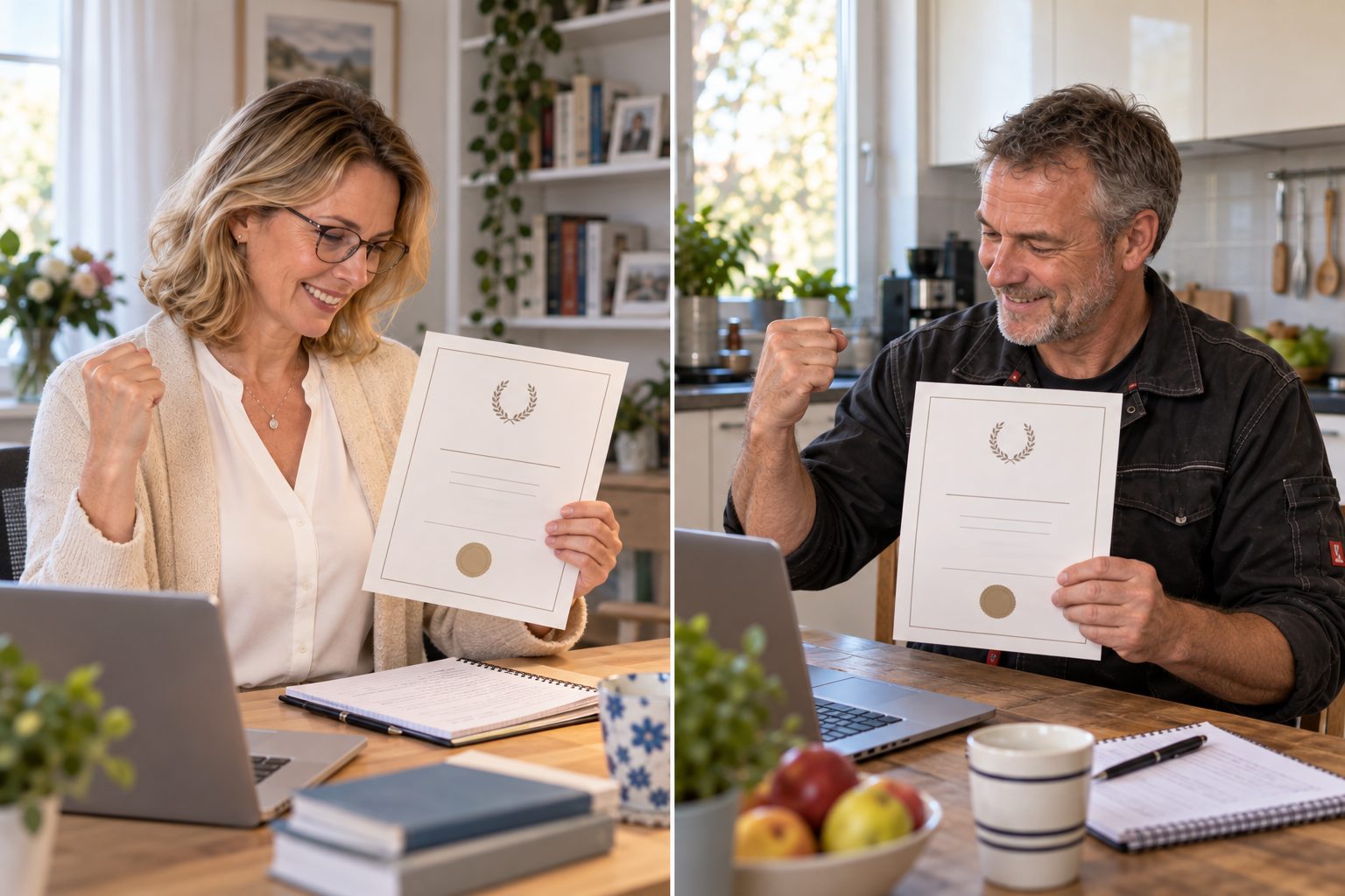 Vanessa und Marco feiern ihre IHK-Zertifizierung mit ihren Urkunden